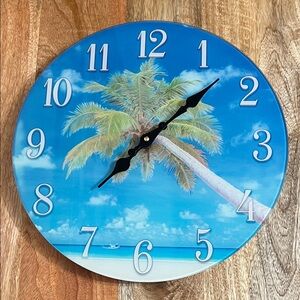 Tropical Glass Blue and White Wall Clock 13” round